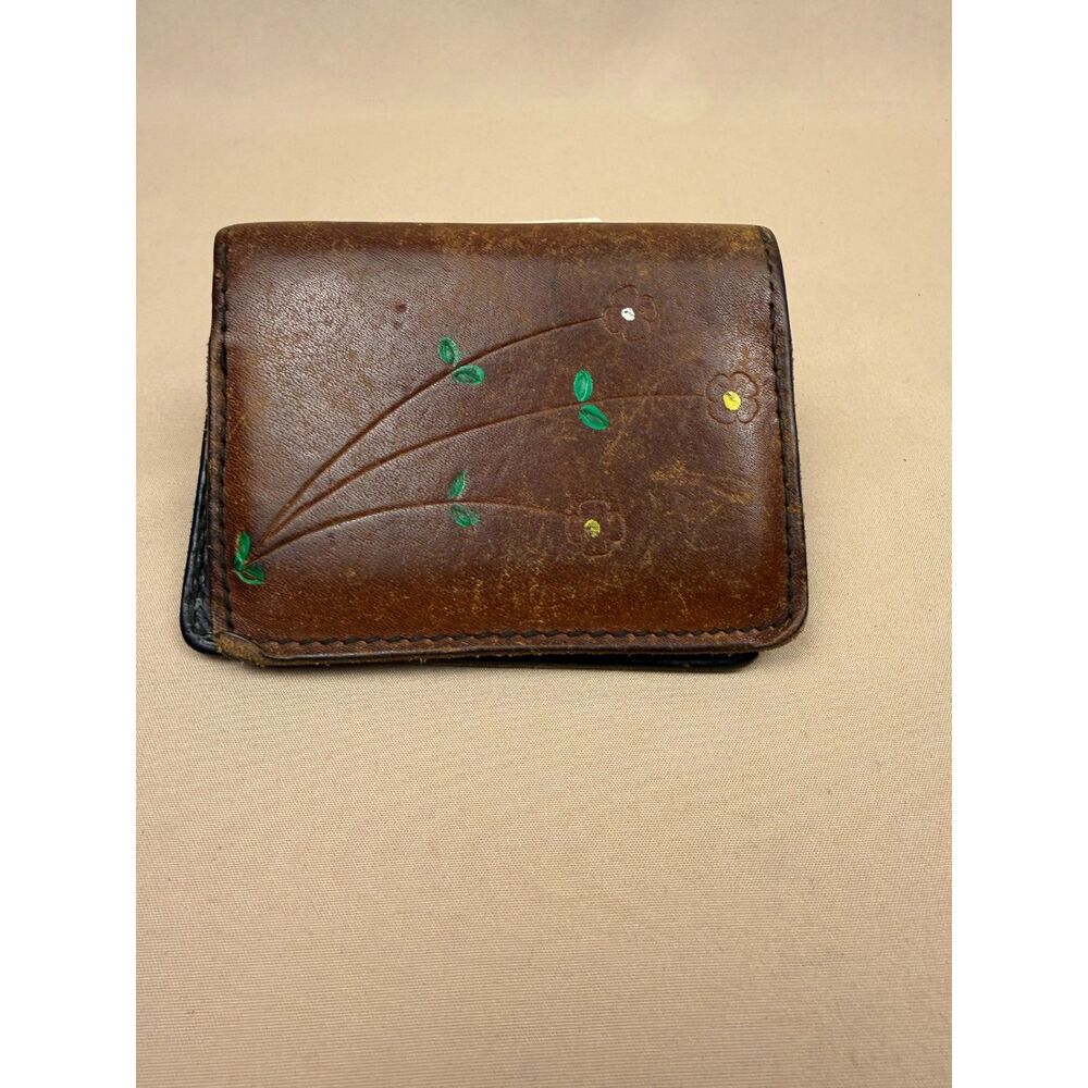 Vintage 1970s Handmade Tooled Leather Card Wallet - Hand Painted